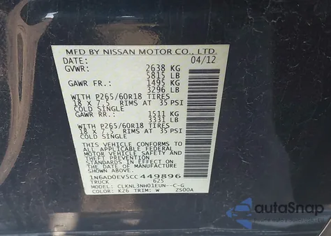 2012 Nissan Frontier Sl z USA, uszkodzony, nr VIN 1N6AD0EV5CC449896